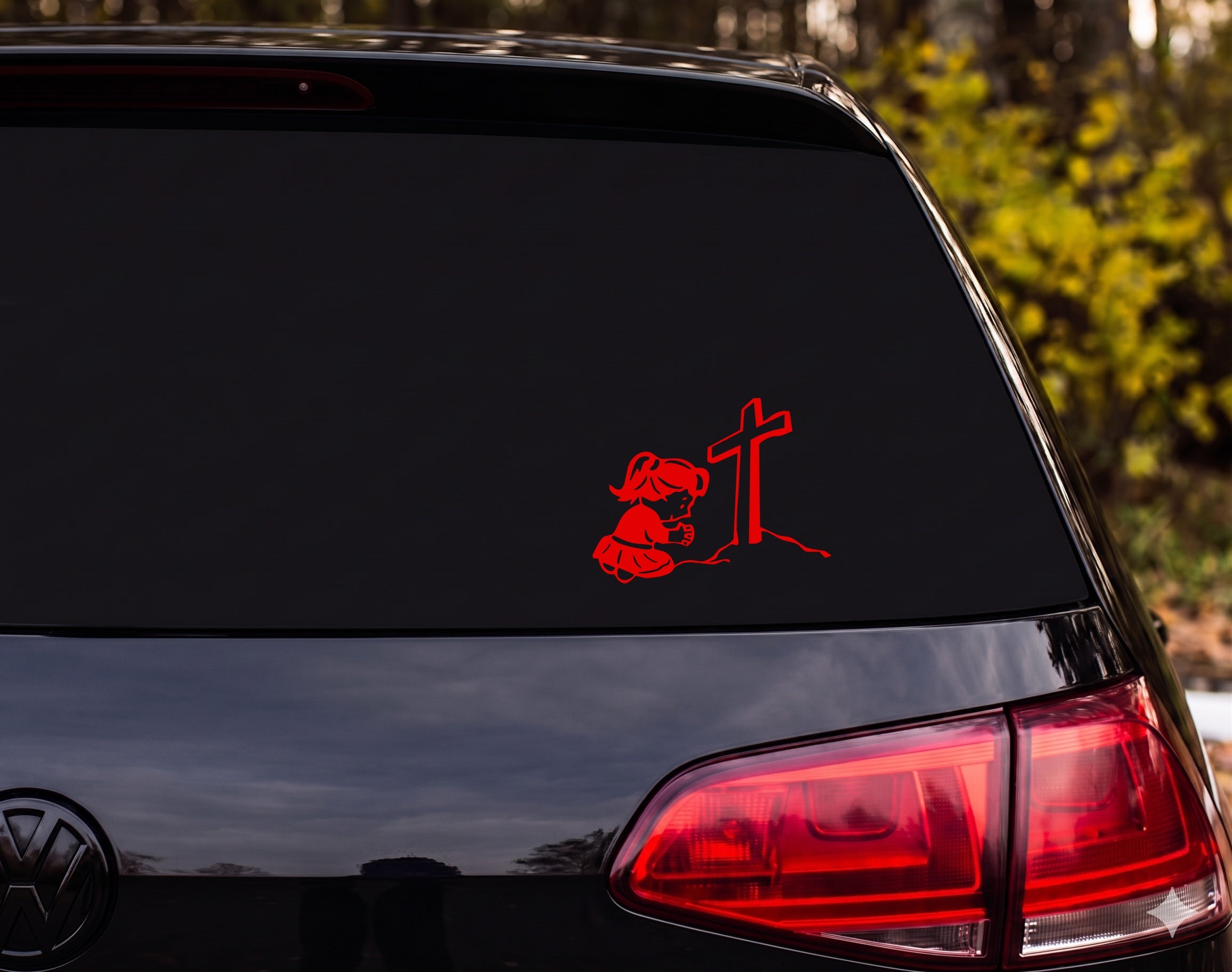 Girl Praying Kneeling Cross Pigtails Cartoon Vinyl Decal Sticker Car Window - Red