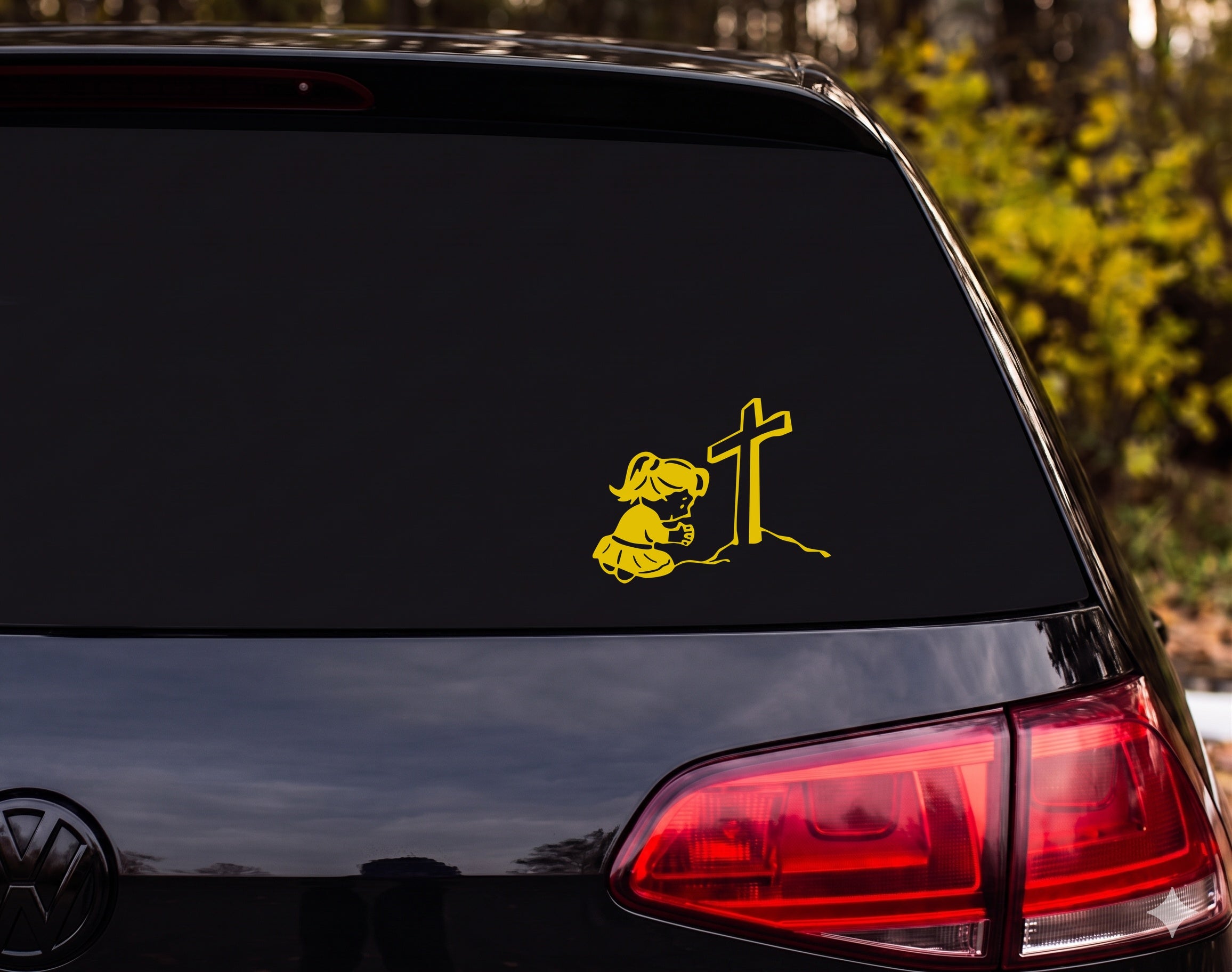 Girl Praying Kneeling Cross Pigtails Cartoon Vinyl Decal Sticker Car Window - Yellow