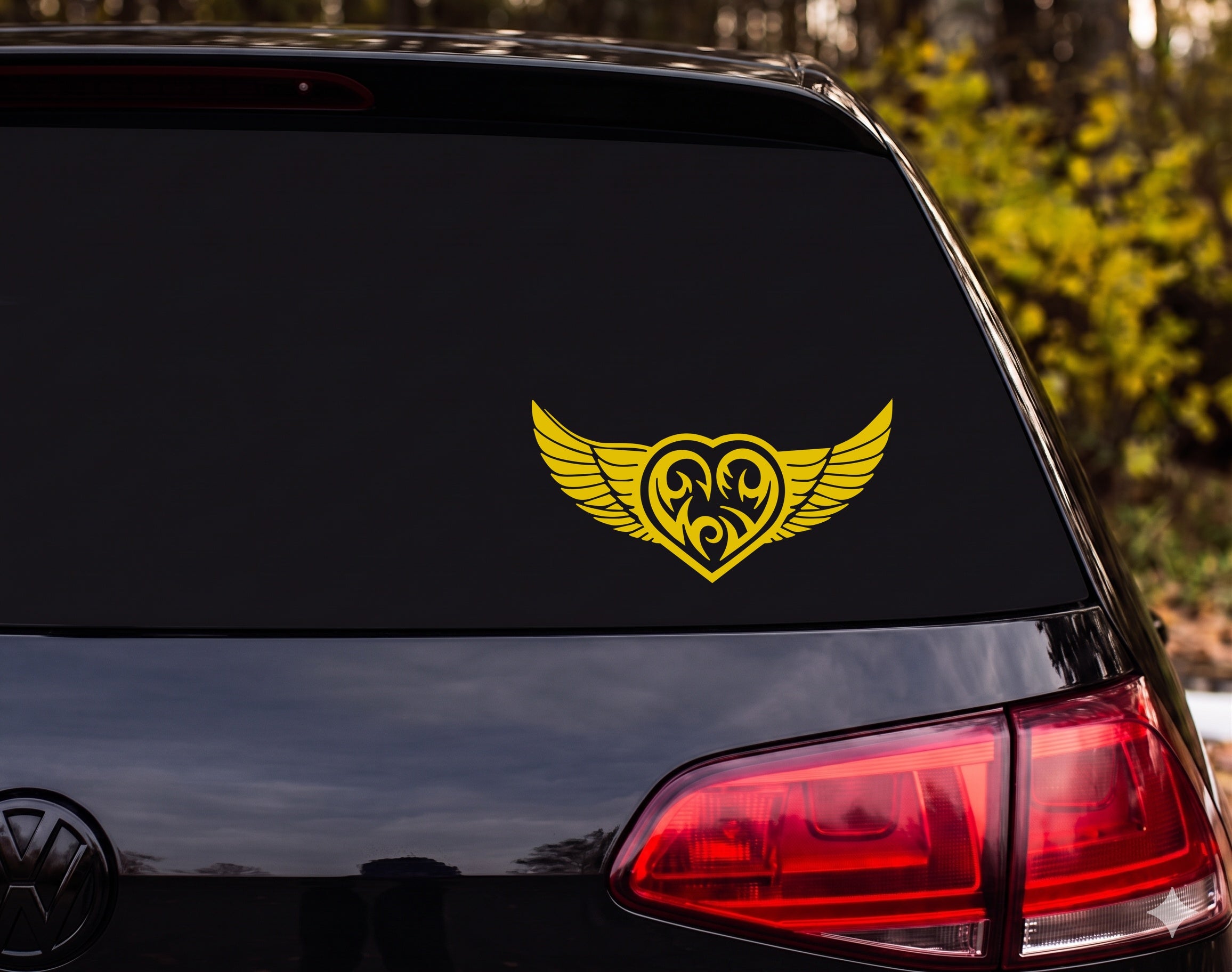 Tribal Winged Heart Silhouette Flame Wings Vinyl Decal Sticker Car Window - Yellow